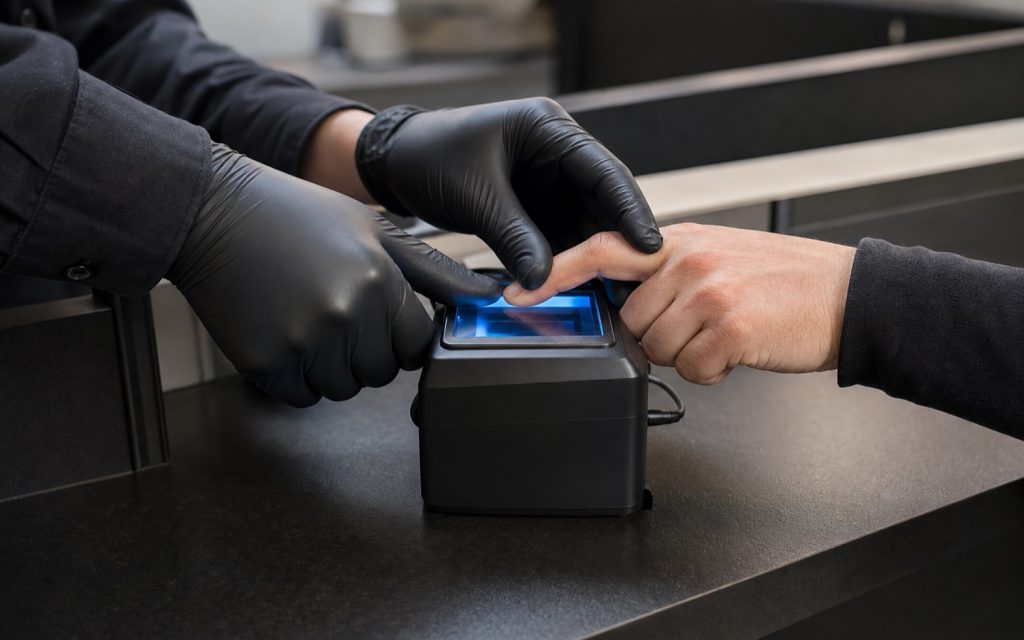 Fingerprint technician capturing an applicant’s finger on a scanner